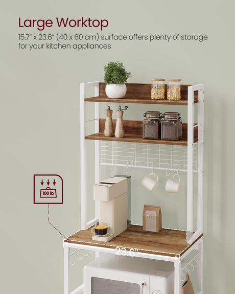 VASAGLE Hutch Bakers Rack with Power Outlet, 14 Hooks Microwave Stand, Adjustable Coffee Bar with Metal Wire Panel, Kitchen Storage Shelf, 15.7 x 23.6 x 66.9 Inches, Rustic Walnut and White UKKS037W41 VASAGLE