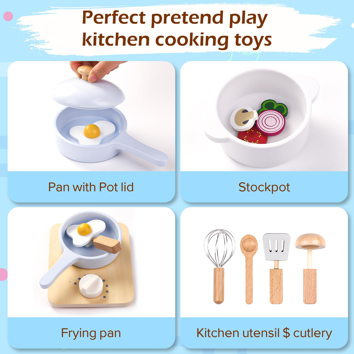 Wood Kids Play Kitchen Accessories Set, Pretend Play Cooking Toys Set, Kitchen Toys Playset for Toddlers, Toy Pots and Pans for Kids Kitchen with Fake Play Food Cookware, Girls Boys Gift umu