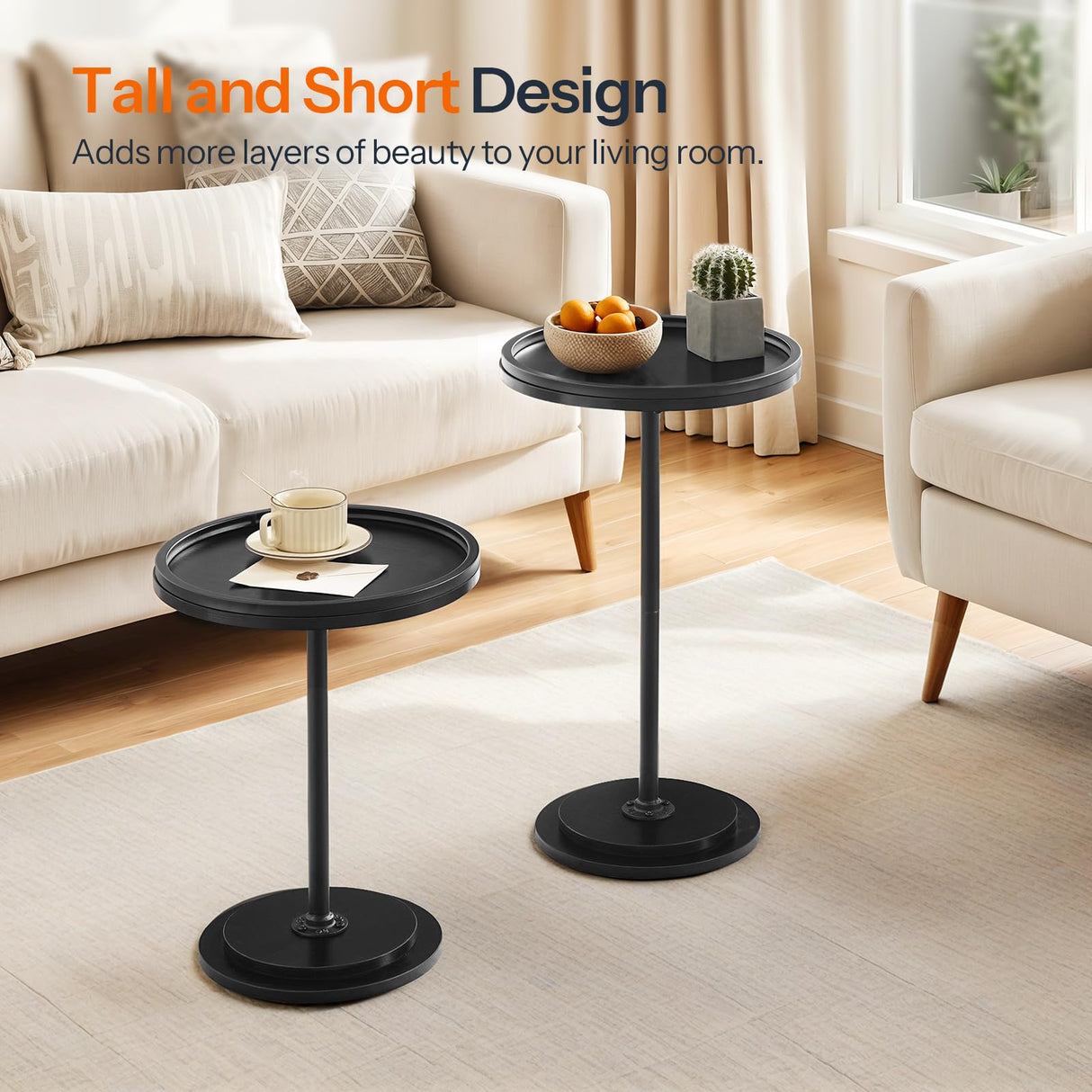HOOBRO Nesting Coffee Table Set of 2, Small Round Coffee Table Set with Wooden Pedestal, Modern Circle Accent Side Tables for Living Room, Center, Black BB170BZ01 HOOBRO