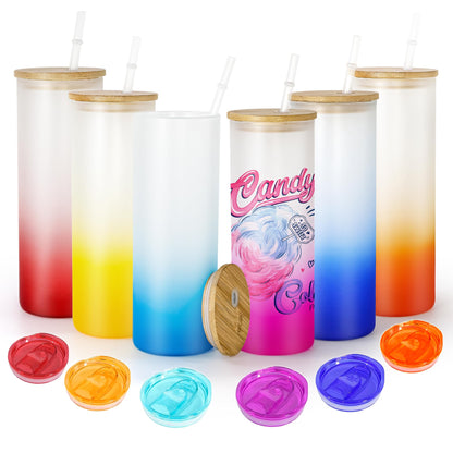 AGH 25 oz Sublimation Glass with Bamboo Lid, 6 Pack Frosted Sublimation Beer Can Glass, Gradient Color Material, Suitable for Beer, Juice, Ice Water, Drinks, Etc.