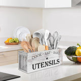 Suli Extra Large Kitchen Utensils Holder with 4 Compartments, Wooden Utensil Organizer for Kitchen Countertop, Farmhouse Kitchen Decor, Rustic Cooking Utensil - White grain Suli
