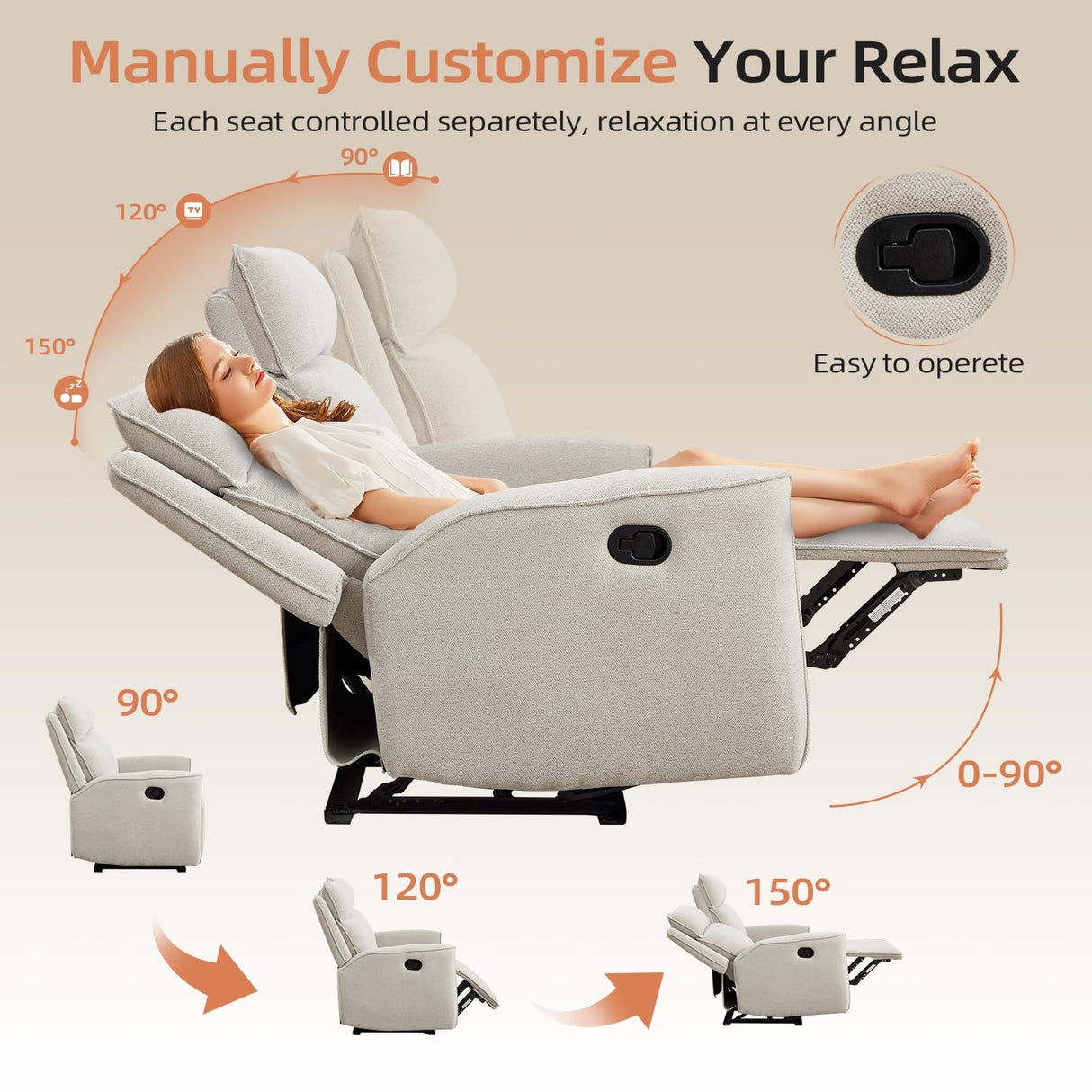 INZOY Manual Loveseat Recliner Sofa, Wall-Hugger 2 Seat Reclining Love Seat Couches, Chenille Fabric Reclinable Sofa Set, Double Seater Recliner Chair for Living Room, Office, Apartment, Beige INZOY