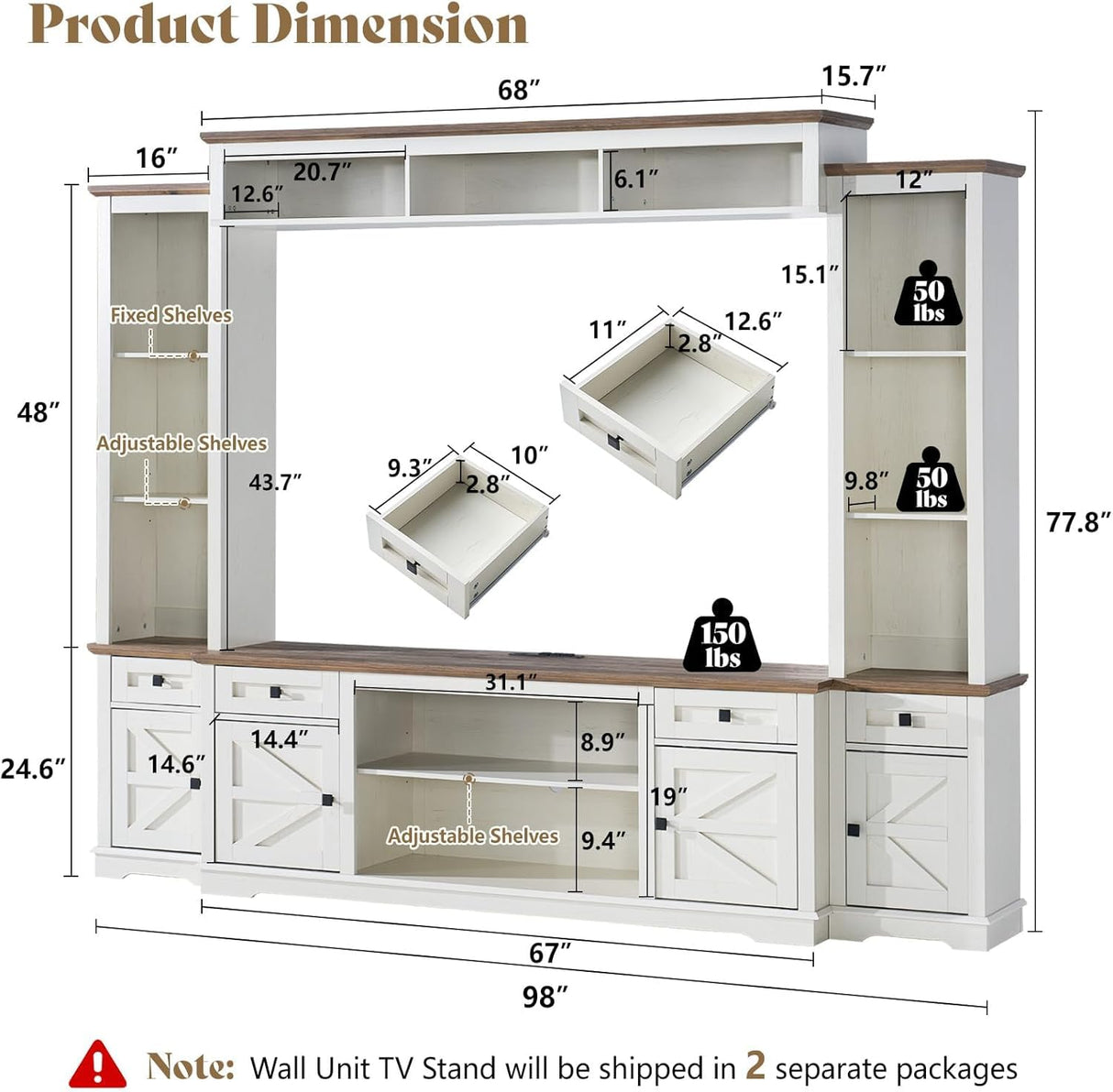 AMERLIFE 98" Farmhouse Entertainment Center Wall Unit with Bookshelves, Wine Cabinet, Fits 78" TVs, Large TV Stand with Power Outlets & Barn Door, Rustic Media Console for Living Room, White AMERLIFE