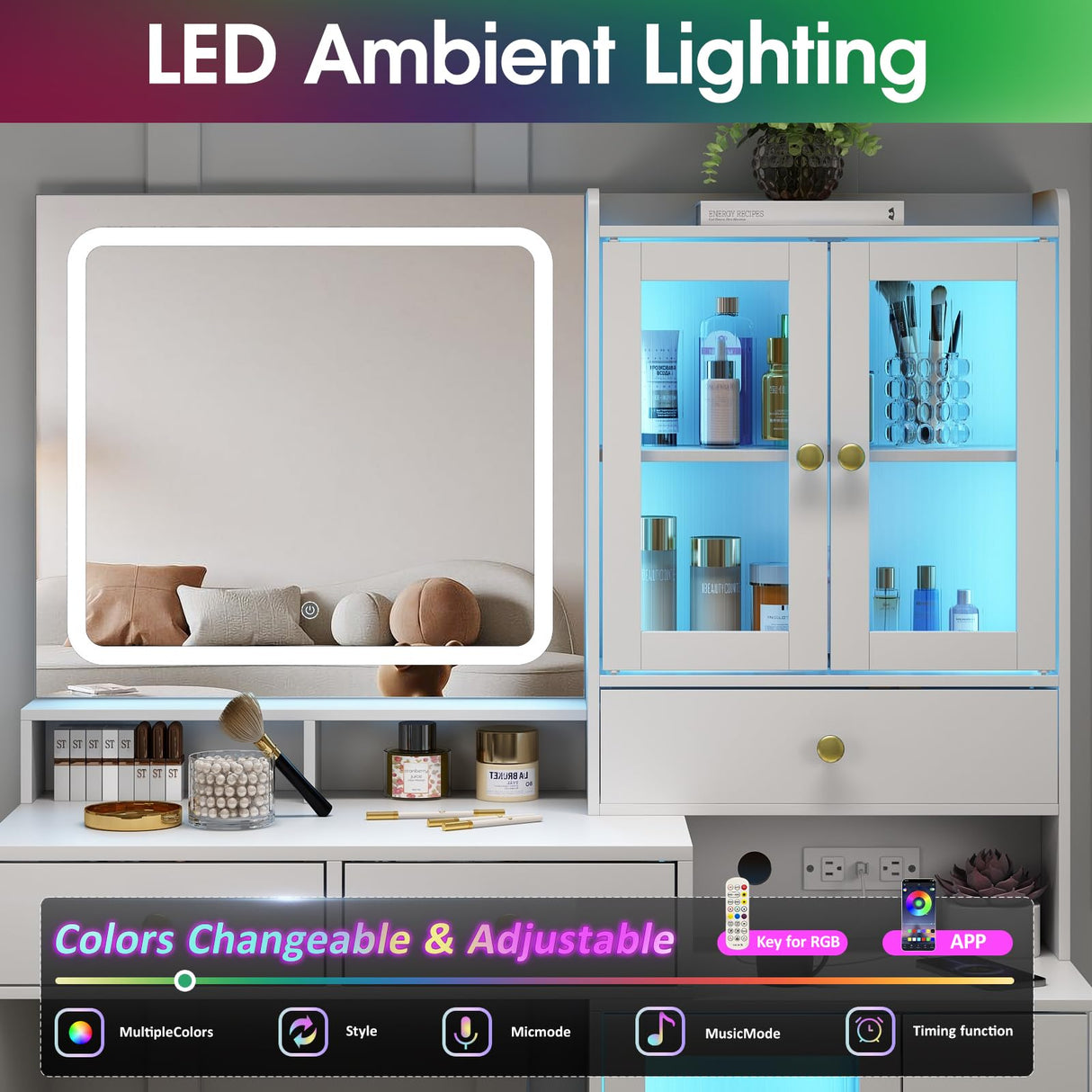 Fameill Makeup Vanity Desk with Mirror and Lights, White Makeup Vanity with 4 Drawers and Charging Station, Vanity Table with RGB Cabinet, Dressing Table for Bedroom Fameill