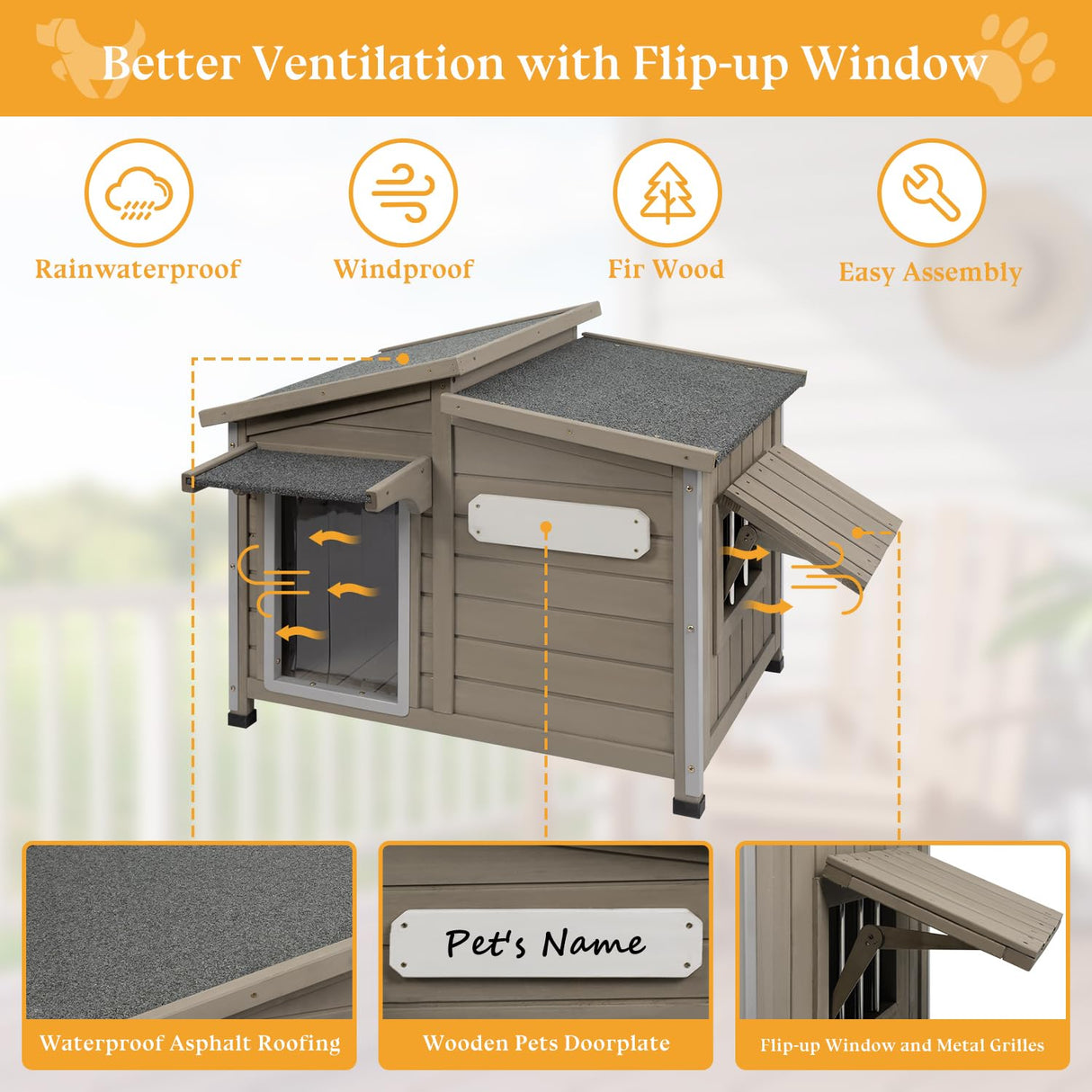 Gowoodhut Dog House Outdoor Weatherproof Large Wooden Dog Kennel Indoor with Chew-Proof Iron Frame, Removable Floor, and Adjustable Window for Large and Medium Dogs (Grey, 34" D x 22" W x 26.5" H) Gowoodhut