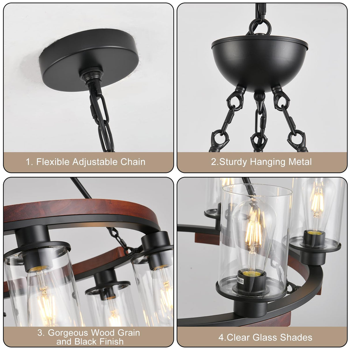 28 Inch Wagon Wheel Chandelier with Glass Shade, 6-Light Farmhouse Wood Large Round Chandeliers for Dining Room Pendant Light Fixture for Living Room Bedroom Kitchen Island Foyer Entryway GRUSTRUST