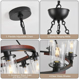 28 Inch Wagon Wheel Chandelier with Glass Shade, 6-Light Farmhouse Wood Large Round Chandeliers for Dining Room Pendant Light Fixture for Living Room Bedroom Kitchen Island Foyer Entryway GRUSTRUST