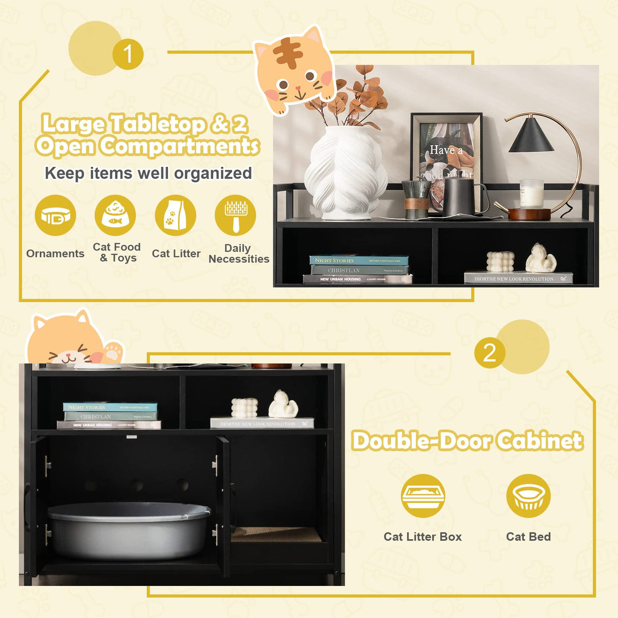 Tangkula Litter Box Enclosure, Cat Litter Box Furniture Hidden w/Metal Frame, Scratching Board, Storage Compartment, Wooden Cat Washroom, Indoor Cat House Side Table, Cat Box Cabinet (Black) Tangkula