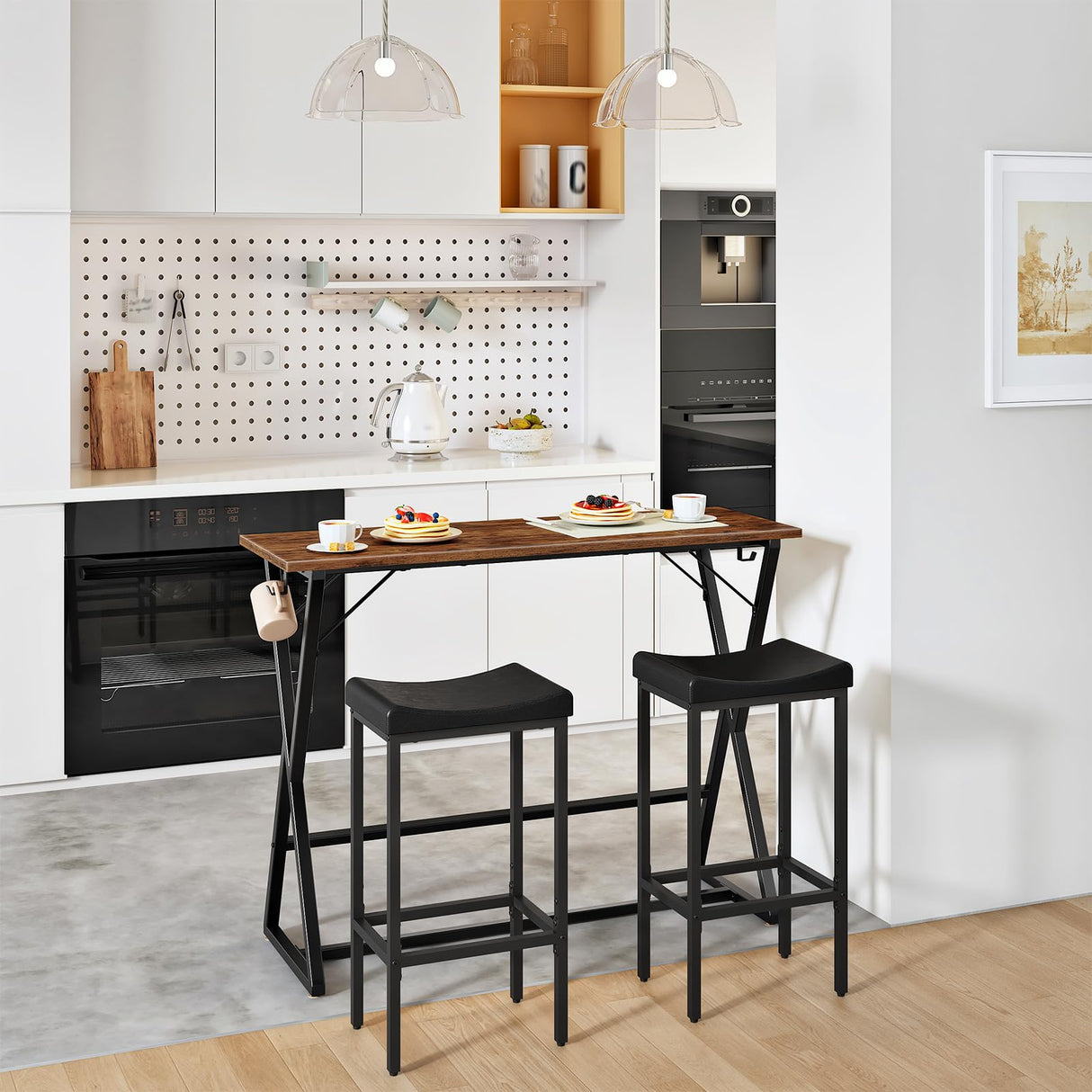 HOOBRO 39.4 Inch Bar Table, Counter Height Rectangular Bar Table, Pub Dining Table, Metal Frame with Footrest and 2 Hooks, for Narrow Space, Bistro and Living Room, Rustic Brown and Black BF67BT01 HOOBRO