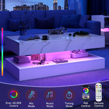 chartustriable 47inch Large High-Glossy LED Coffee Table with 2 Sliding Drawers, Living Room Storage Tables with Marbling Print, Modern Stylish Double-Layer Center Tables w/LED Lights, White chartustriable