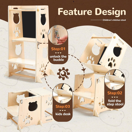 FOBIG Collapsible Toddler Kitchen Step Stool With Chalkboard, Safety Rail, and Standing Tower for Kids 1-3 FOBIG