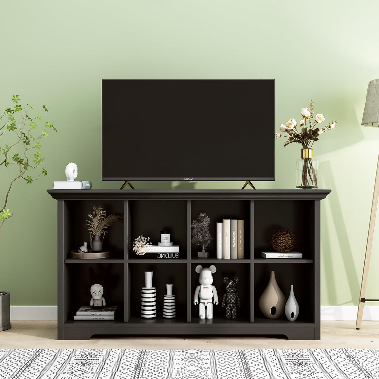 OSCHF Cube Shelf Bookcase with Base - Wooden 2 Tiers Floor Standing Low Storage Cabinet for Home and Office, 8-Cube Lattice Bookshelf, Black