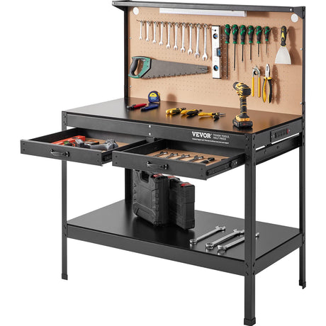 VEVOR Workbench, A3 Steel Workbenches for Garage max 1500W, Heavy Duty Work Bench with 220lbs Load Capacity, Hardwood Workbench with 1.5m Cable 4xAC outlets 2xUSB Ports VEVOR