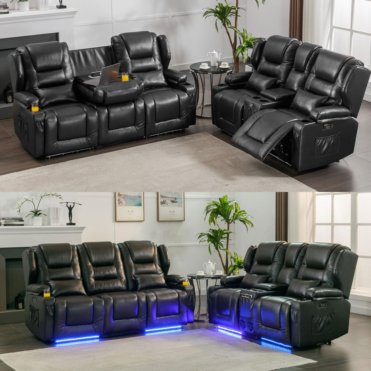 SAMERY Power Loveseat Recliner Sofa with Flip Backrest, Electric Reclining Loveseat Sofa RV Couch 3 Seater with USB Ports/Power Outlets/LED Light/Cup Holders/Pockets/Pillows for Living Room RV SAMERY