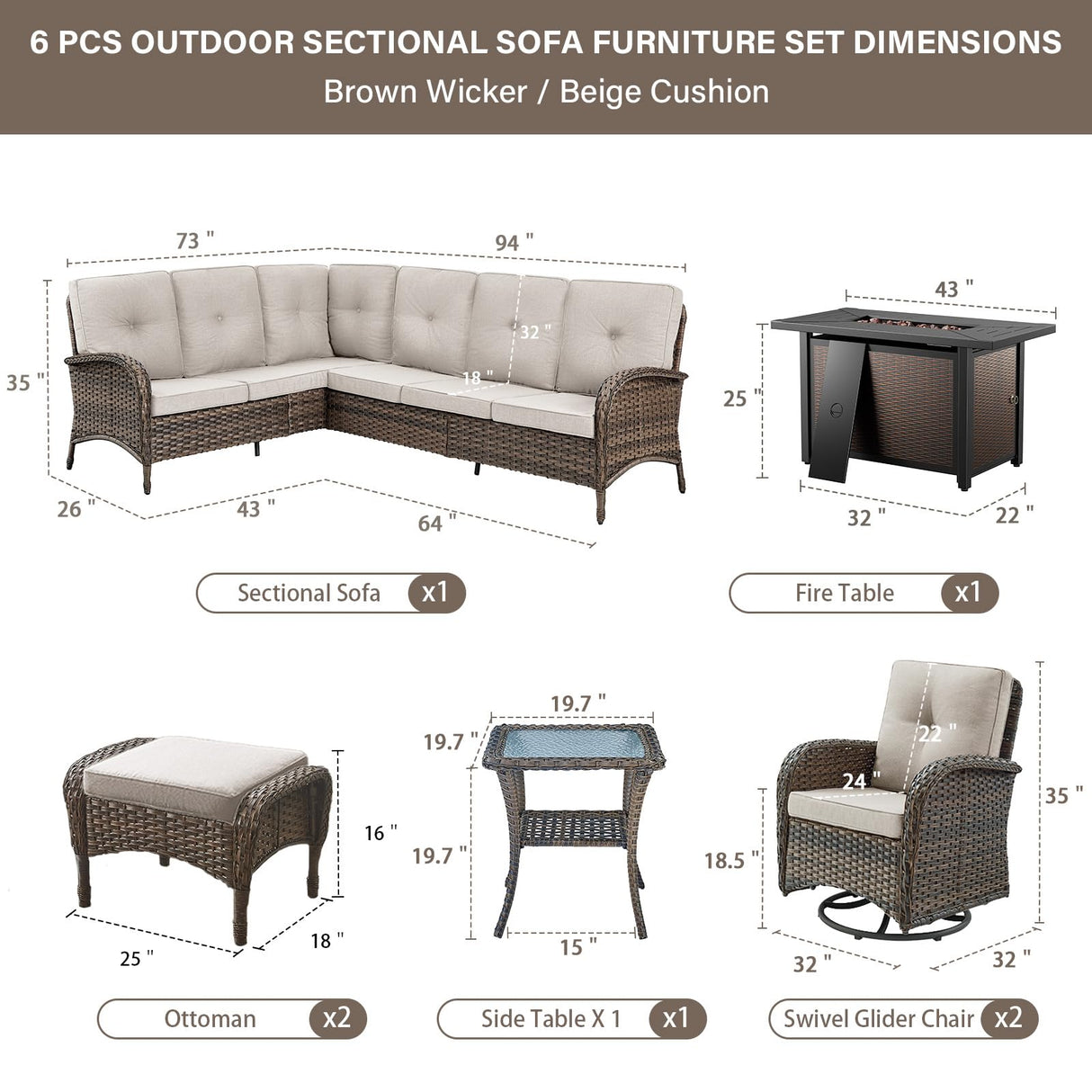 Belord 8 Pieces Patio Conversation Set with 43” Propane Fire Pit Table, Outdoor Sectional Furniture Sofa Set with Removable Cushions for Patio Deck Backyard Brown Belord