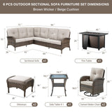 Belord 8 Pieces Patio Conversation Set with 43” Propane Fire Pit Table, Outdoor Sectional Furniture Sofa Set with Removable Cushions for Patio Deck Backyard Brown Belord