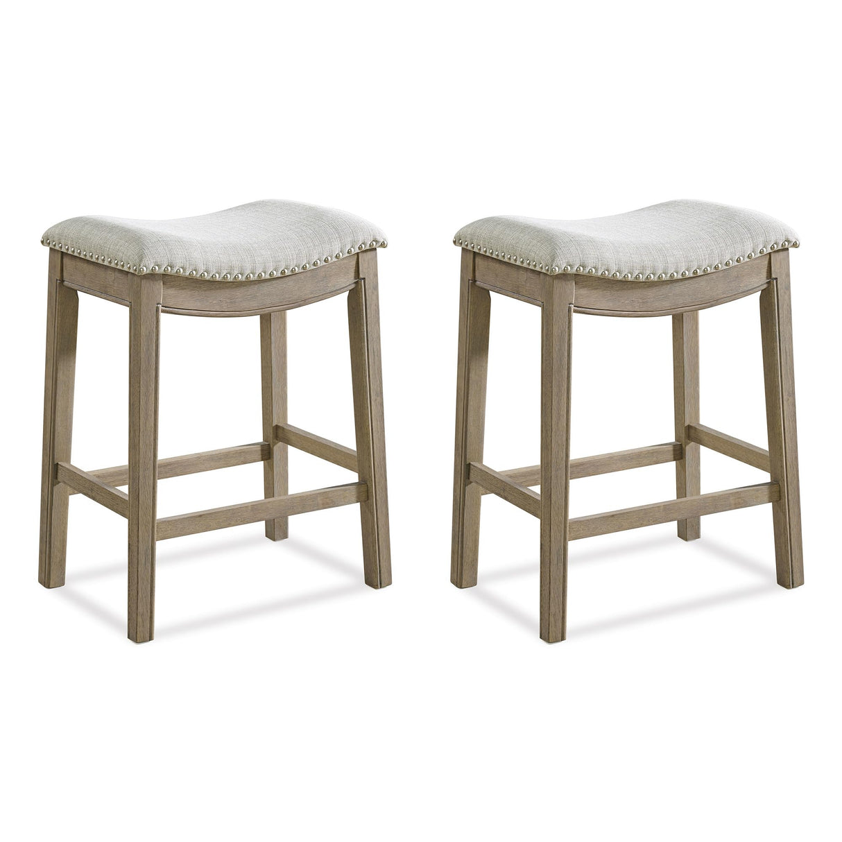 ROME + OAK Set of 2 Parker 26" Counter Stool, Backless Saddle Kitchen Barstool in Reclaimed Oak Finish with Ash Grey Fabric Upholstery Cushion Seat ROME + OAK