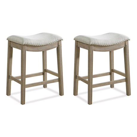 ROME + OAK Set of 2 Parker 26" Counter Stool, Backless Saddle Kitchen Barstool in Reclaimed Oak Finish with Ash Grey Fabric Upholstery Cushion Seat ROME + OAK
