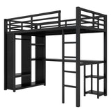 Twin XL Loft Bed with Desk and Storage Shelves, Twin XL Loft Bed with Wardrobe, Hanging Rod and Guardrail and Ladder, Balck Bellemave
