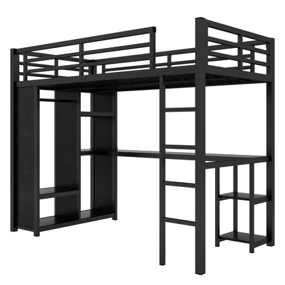 Twin XL Loft Bed with Desk and Storage Shelves, Twin XL Loft Bed with Wardrobe, Hanging Rod and Guardrail and Ladder, Balck