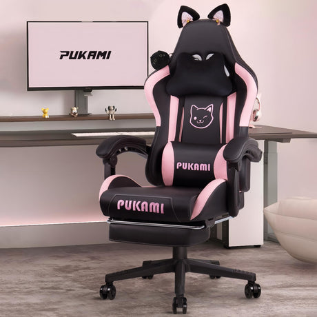 PUKAMI Gaming Chair Cute with Cat Ears,Ergonomic Computer Chair for Girl with Footrest and Headrest,Comfortable Reclining PC Game Chair for Adult,Teen,Black PUKAMI