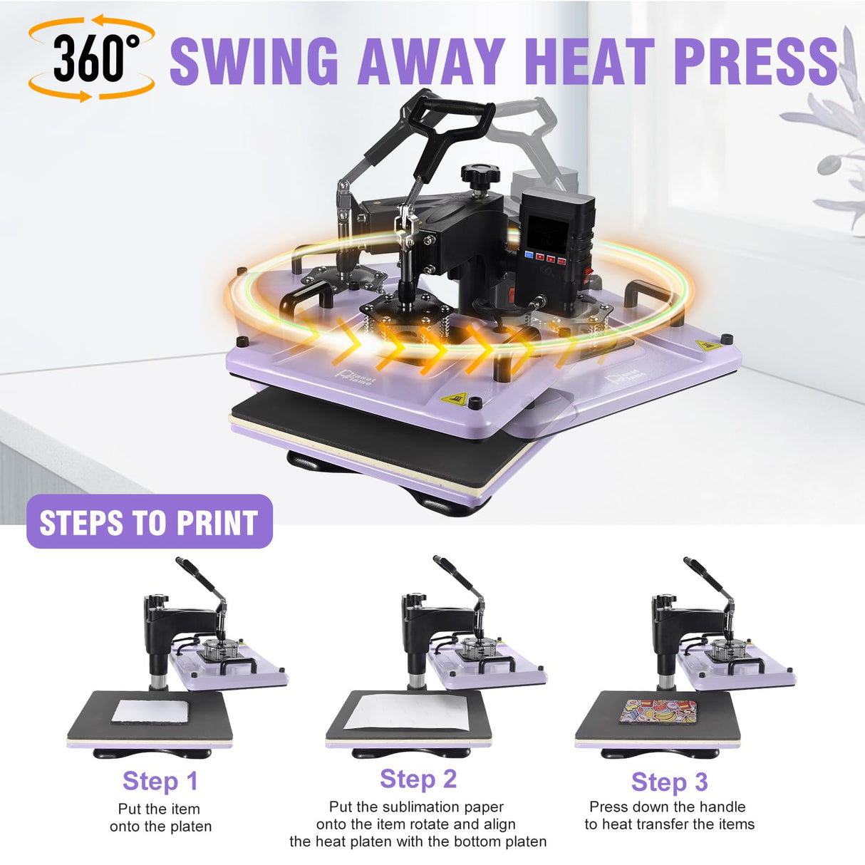 PlanetFlame Heat Press Machine 12x15 Inch, 360° Swing Away 5 in 1 Heat Transfer Machine, Multifunctional Heat Transfer Press Machine with 30OZ Tumbler Attachment for Hat/Plate/T-Shirt/Mug, Purple PlanetFlame