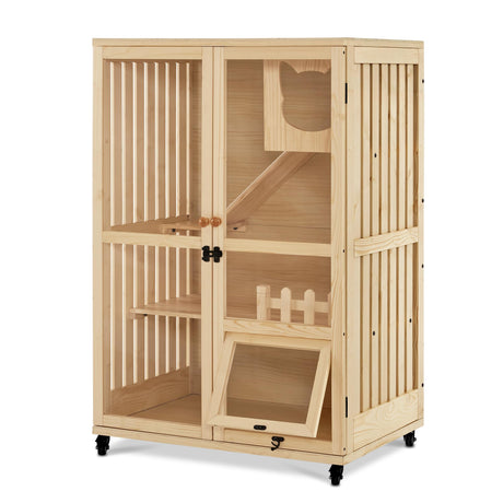 MCombo Wooden Cat Houses for Indoor Cats, Luxury Cat House with Scratching Pad, Lockable Doors, Wheels, CT090 MCombo