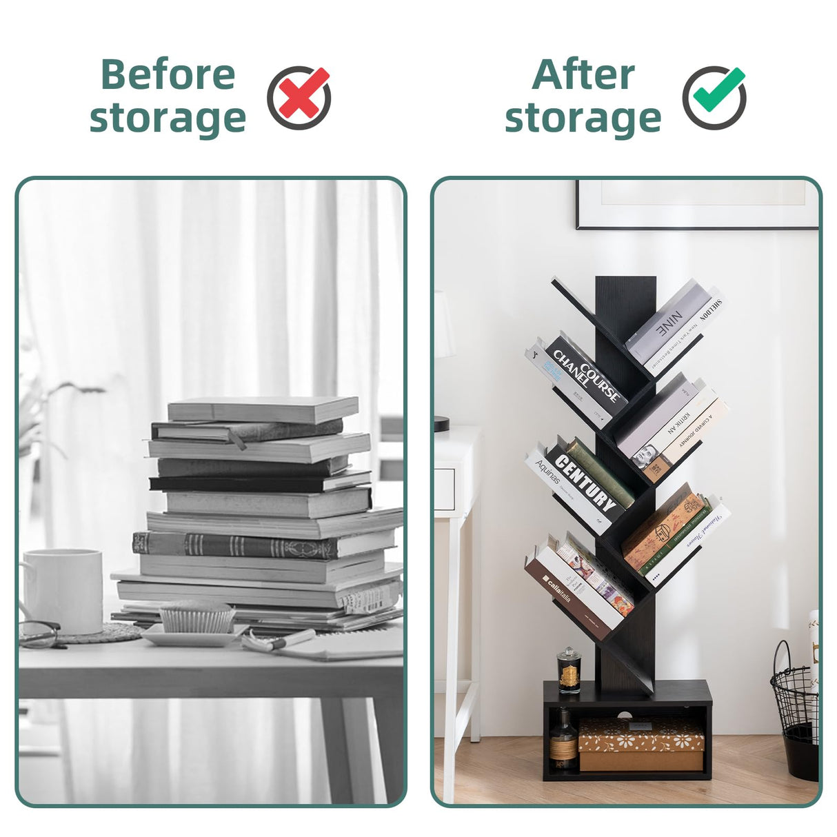 Yoobure Tree Bookshelf - 6 Shelf Retro Floor Standing Bookcase, Tall Wood Book Storage Rack for CDs/Movies/Books, Utility Book Organizer Shelves for Bedroom, Living Room, Home Office, Black Yoobure