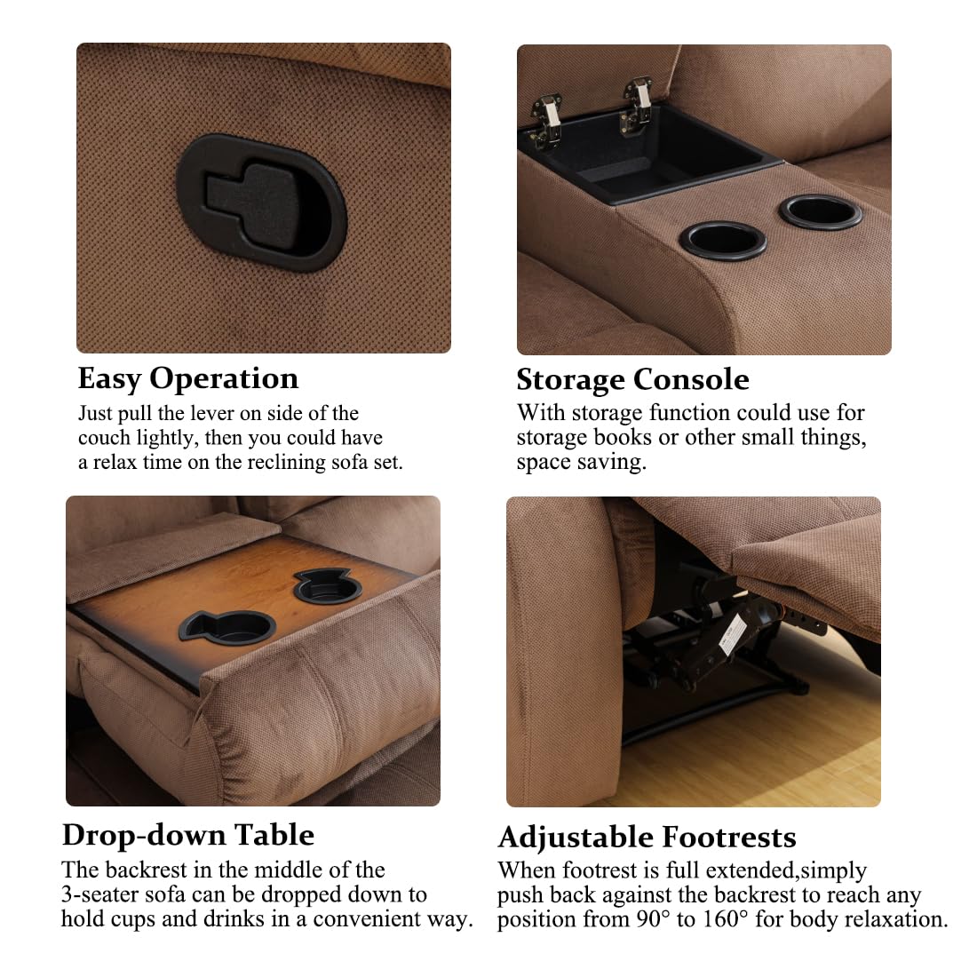 Dekmxas Fabric Recliner Sofa Set Manual Reclining Sofa Set Living Room Furniture Sets Modern Reclining Couch Set with Cup Holders/Storage Console/Drop Down Table for Home/Office (Chocolate, 3PCS Set) Dekmxas