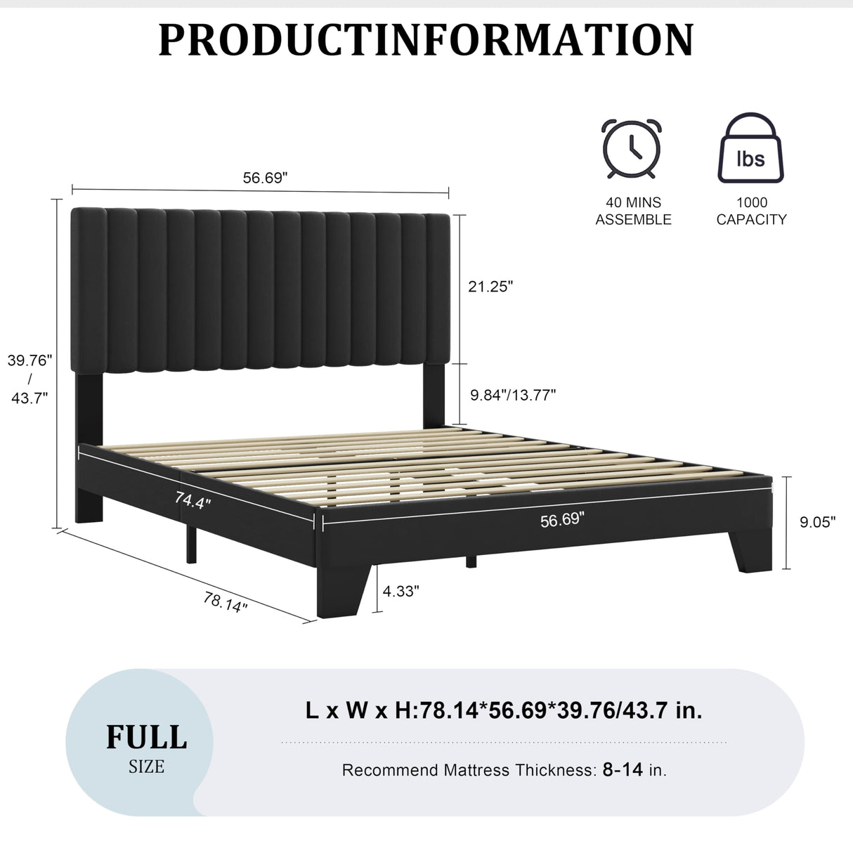 AILUNWALL Full Size Bed Frame, Velvet Upholstered Platform Bed with Adjustable Tufted Headboard, Sturdy Frame and Slats, Noiseless, No Box Spring Required, Easy to Assemble, Black AILUNWALL