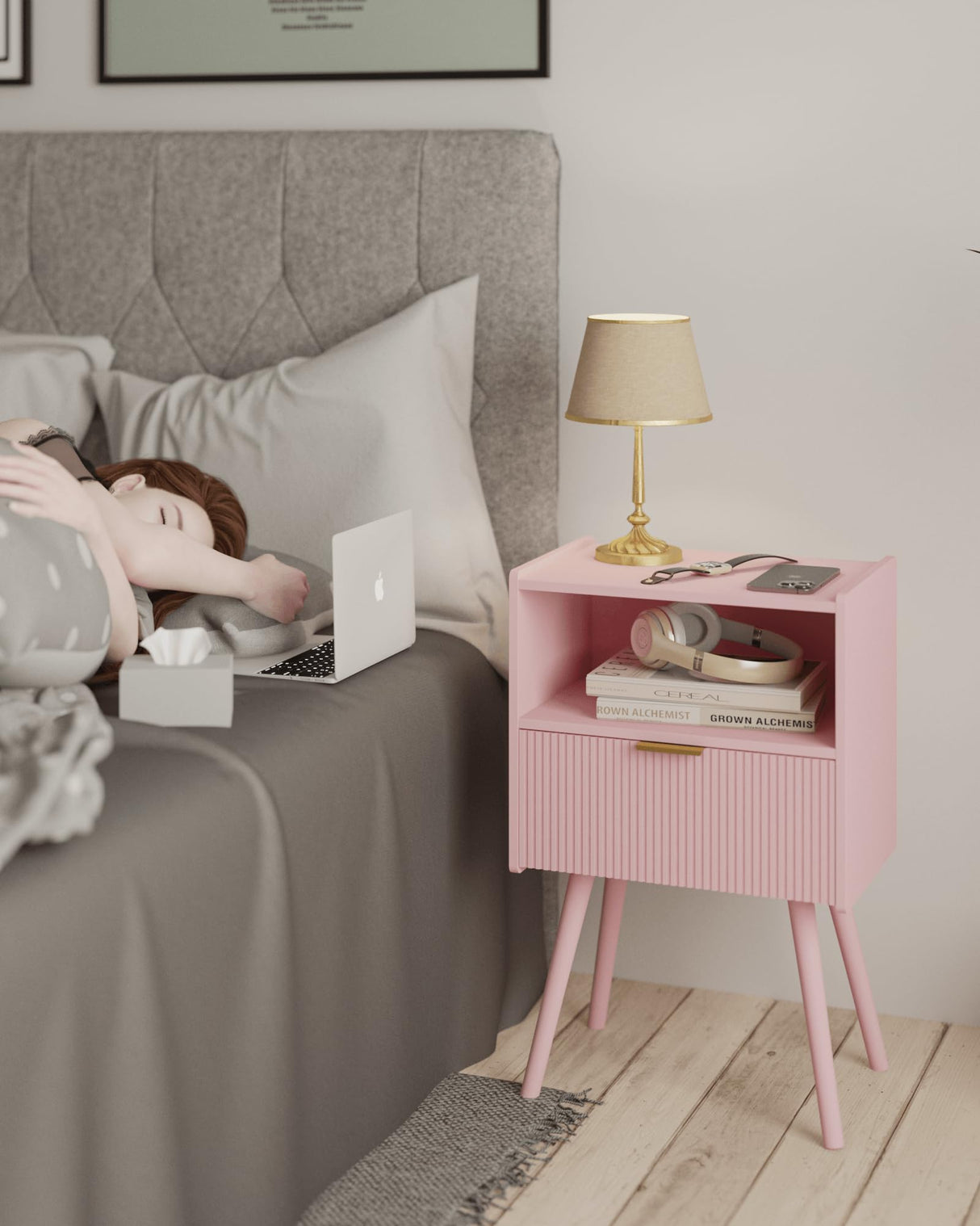 JOONEE Nightstand,Modern Bedside Table with Storage Drawer and Open Wood Shelf, for Living Room, Bedroom and Small Spaces, Accent Night Stand with Solid Wood Legs, Easy Assembly,Classic Pink JOONEE