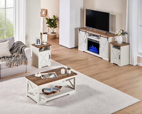 AMERLIFE 5-Piece Farmhouse Table Set Includes Fireplace TV Stand, Coffee Table& Two End Tables with Charging Station and USB Ports, for Living Room, Distressed White, 63" AMERLIFE