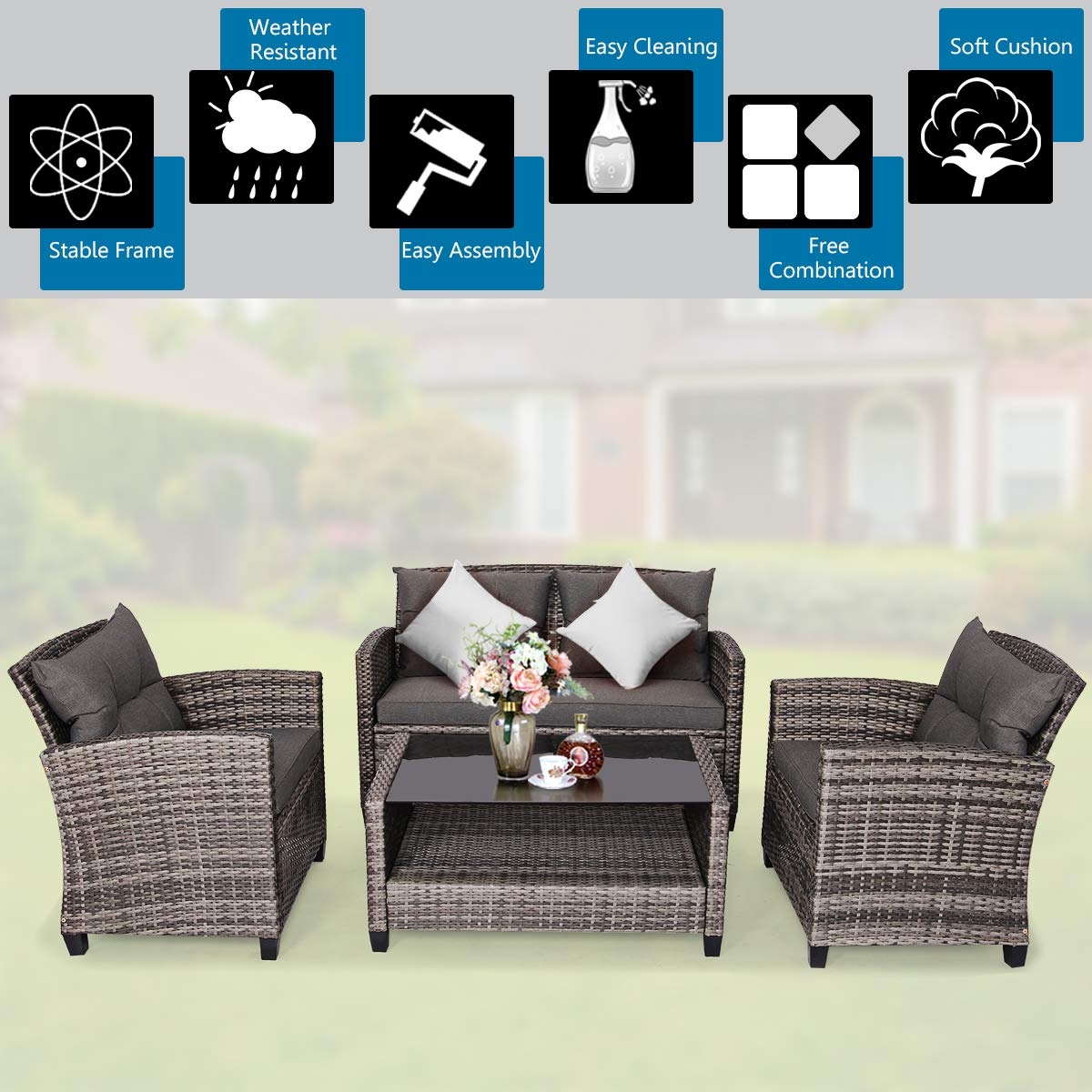 Tangkula 4 PCS Patio Wicker Conversation Furniture Set, Outdoor Rattan Sofa Set with Padded Cushion & Tempered Glass Coffee Table, Wicker Sectional Sofas & Table for Courtyard Balcony Garden (1, Grey) Tangkula