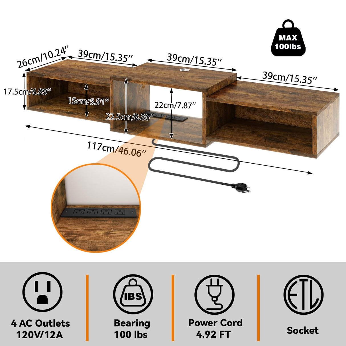 IBUYKE Floating TV Stand Wall Mounted with Power Outlet,Wood Wall Mounted Media Console Shelf,Floating Entertainment Center for Under TV Storage for Living Room Bedroom Office,Rustic Brown WST001H IBUYKE