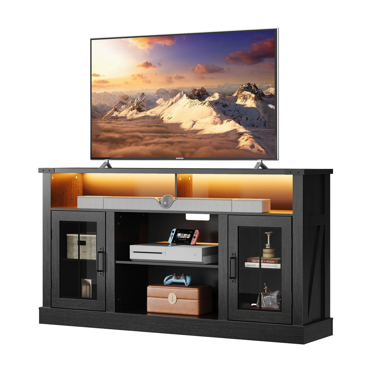 WLIVE TV Stand for 65 Inch TV, Retro Entertainment Center with LED Lights, Farmhouse TV Console wirh Open Shelves and Glass Cabinet Doors, Black WLIVE