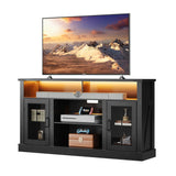WLIVE TV Stand for 65 Inch TV, Retro Entertainment Center with LED Lights, Farmhouse TV Console wirh Open Shelves and Glass Cabinet Doors, Black WLIVE