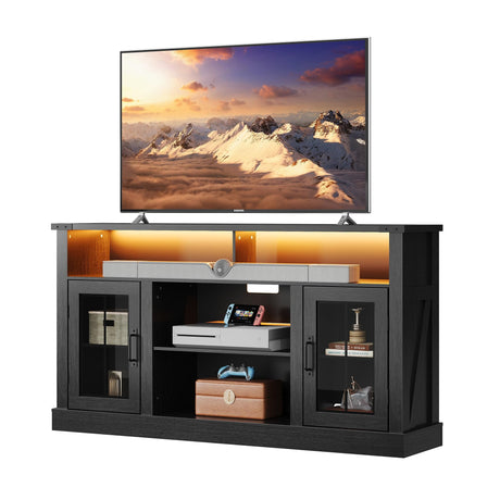 WLIVE TV Stand for 65 Inch TV, Retro Entertainment Center with LED Lights, Farmhouse TV Console wirh Open Shelves and Glass Cabinet Doors, Black WLIVE