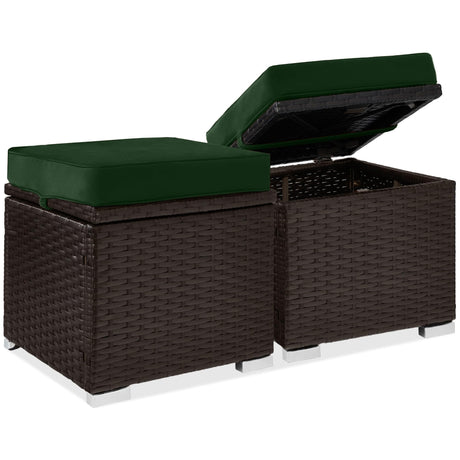 Best Choice Products Set of 2 Wicker Ottomans, Multipurpose Outdoor Furniture for Patio, Backyard, Additional Seating, Footrest, Side Table w/Storage, Removable Cushions - Midnight Green/Brown Best Choice Products