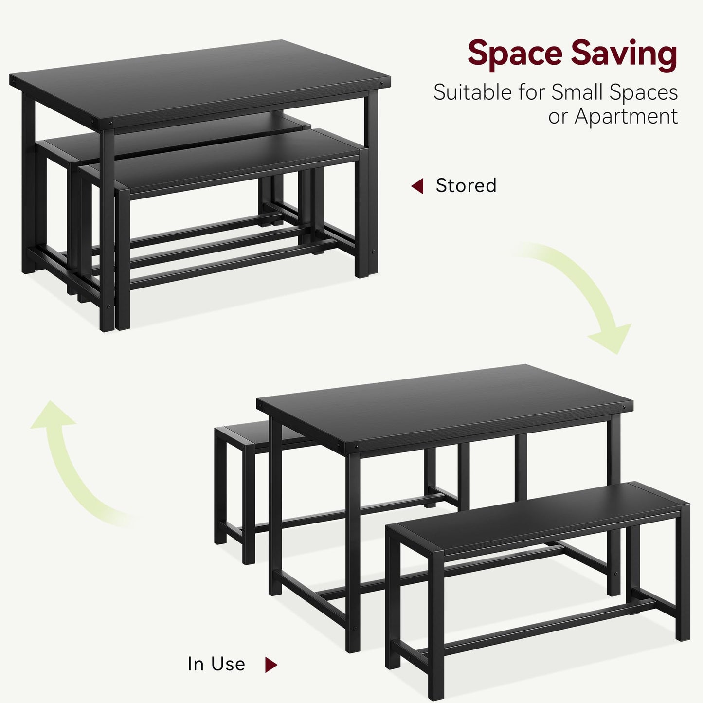 IDEALHOUSE Dining Table Set for 4, Kitchen Table with Benches, Rectangular Dining Room Table Set with 2 Metal Wood Benches, 3 Piece Dining Table Set for Small Space, Apartment, Dinette, Retro - WoodArtSupply