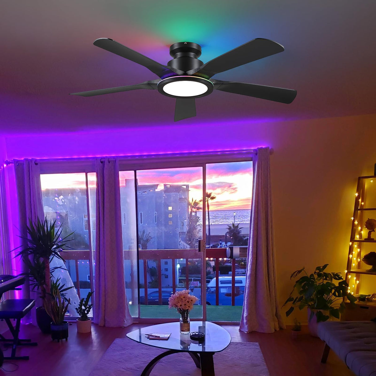Ceiling Fans with Lights and Remote/APP Control, 52" Low Profile Flush Mount Ceiling Fan with RGB Ring Light & Dimmable, 5 Reversible Curved Blades 3 CCT 6 Speeds for Bedroom Living Room Party, Black Wiviniya