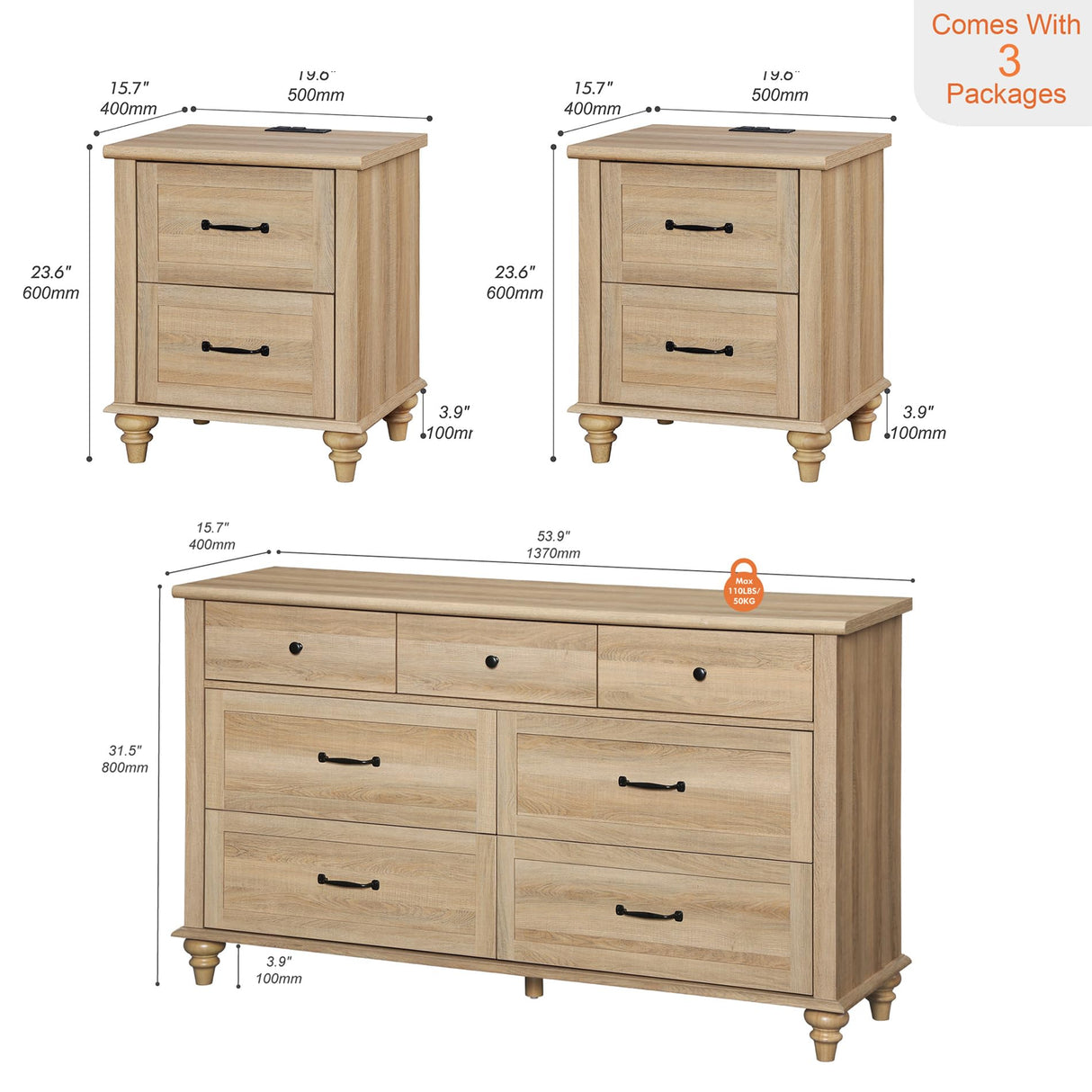 WAMPAT 3 Piece Bedroom Set - Includes 7 Drawer Dresser for Bedroom, Set of 2 Night Stands with Charging Station & Drawers, 3 Piece Dresser and Nightstand Sets, Oak WAMPAT