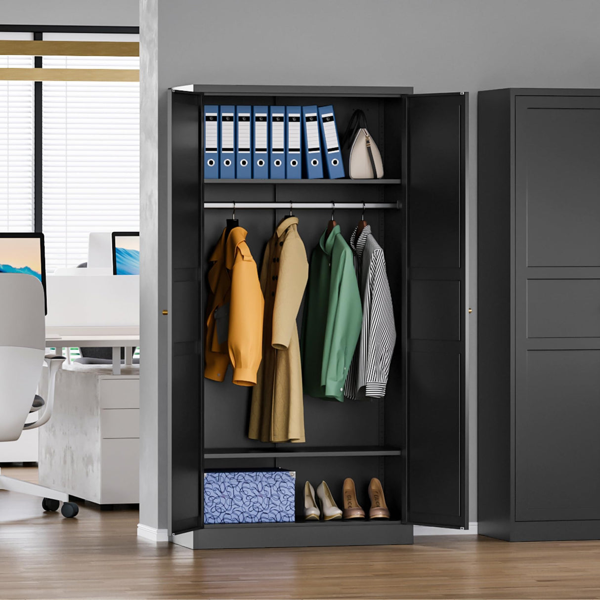 MIIIKO Wardrobe Closet with 2 Doors, 72" Metal Wardrobe Cabinet with Hanging Rod, Bedroom Armoires Laundry Room and Office Clothes Storage Organizer Cabinets Black MIIIKO