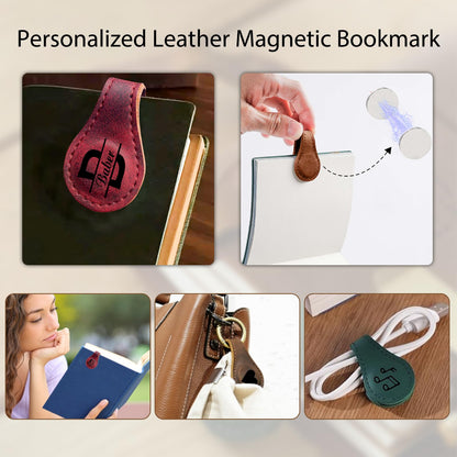 CDBUY Personalized Leather Magnetic Bookmarks - Custom Magnetic Leather Bookmark with Engraved Logo Text, Vintage Magnetic Bookmark Clips Customized Gifts for Women Kids Men Book Lovers Mother Father