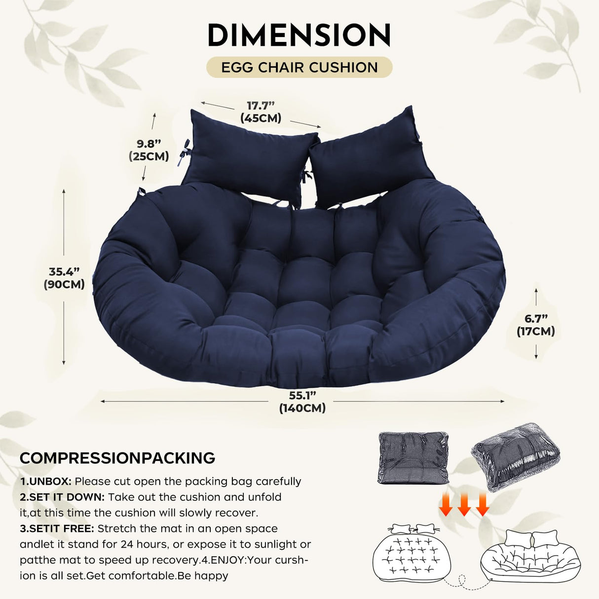 boyspringg Patio Double Egg Chair Cushion Replacement 55x35in Thickened Memory Foam Large Double Egg Swing Chair Cushions Hanging Basket Chair Cushion(Blue) boyspringg