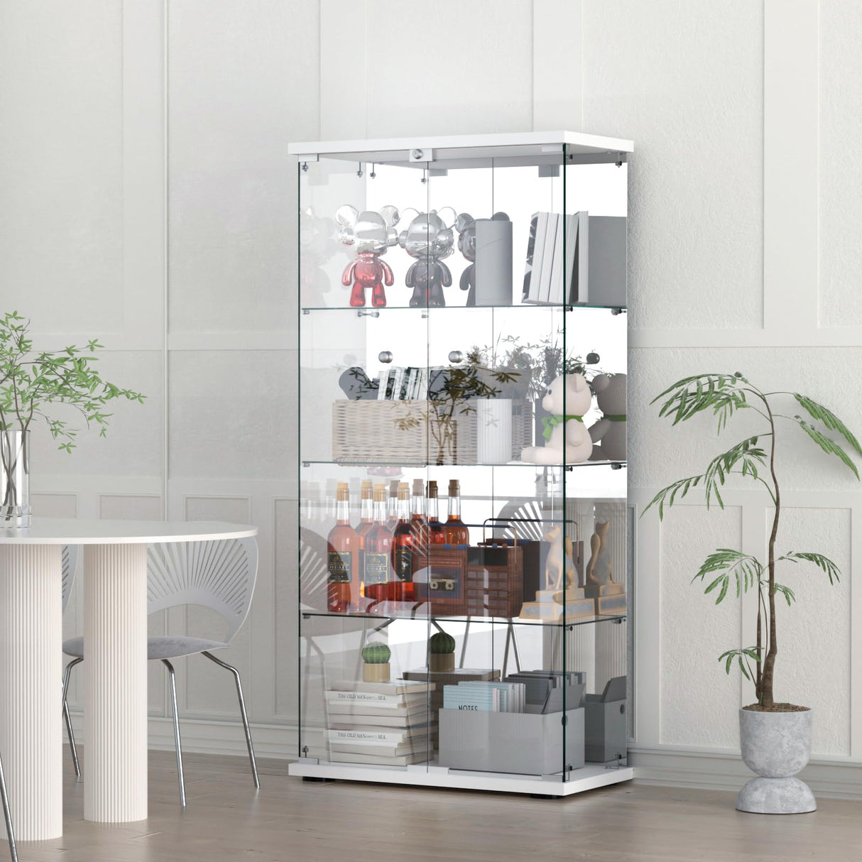 Display Cabinet with Mirror, Glass Door and Lock, 4-Shelf Fast Installation in 30Mins Curio Cabinet with 5mm Tempered Glass Floor Standing Bookshelf for Bedroom, Living Room, 65'' x32'' x14'', White GDJAASJI