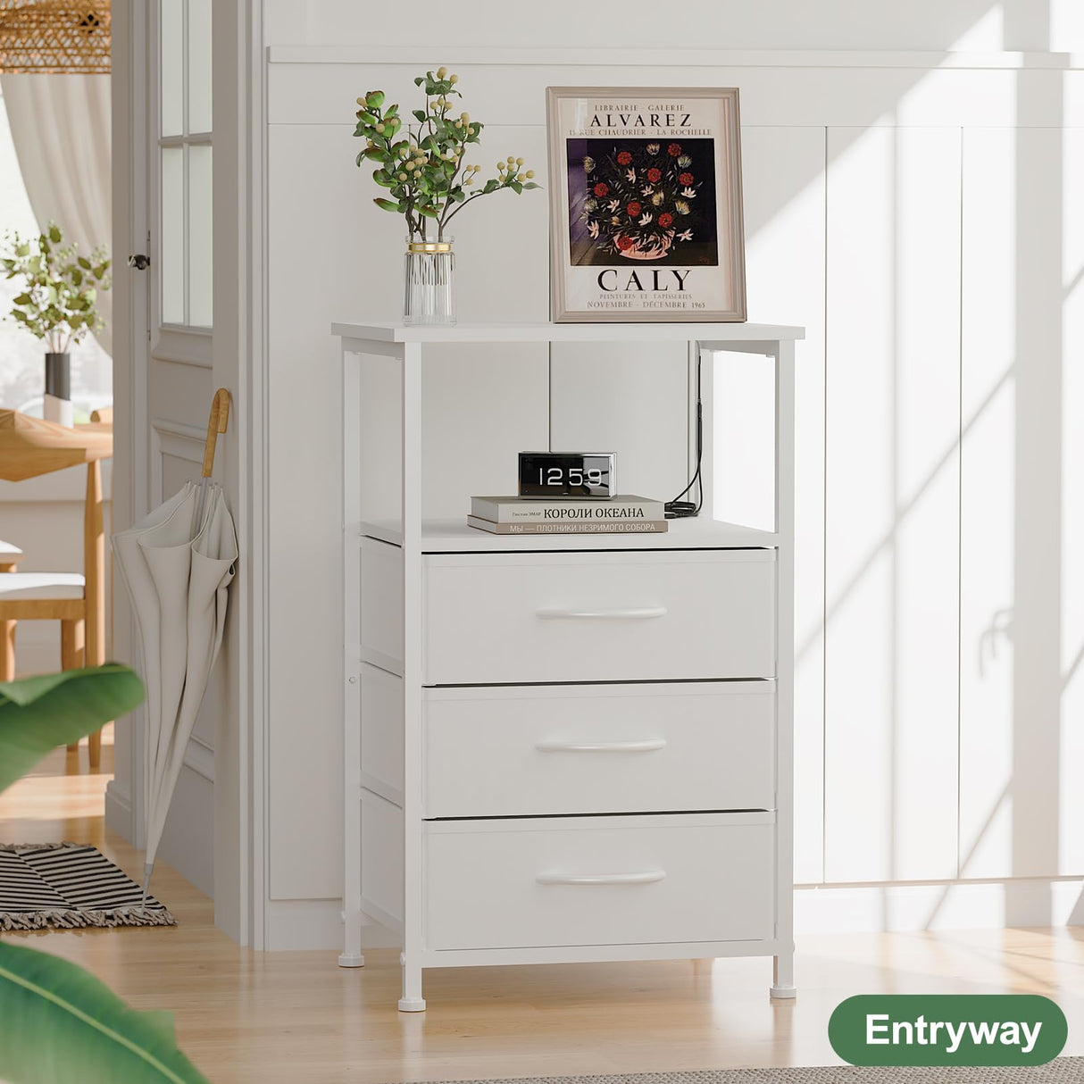 Dicasser Nightstand with Drawers,White NightStand with LED Light, Bedside Table with 3 Fabric Drawers for Bedroom, Modern Night Stand for Small Spaces,White Dicasser