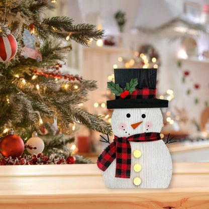 HOMirable Christmas Decorations for Home LED Lighted Snowman Decor Farmhouse Merry Christmas Sign Wooden Rustic Red Plaid Scarf Tabletop Xmas Holiday Signs Party Indoor Room