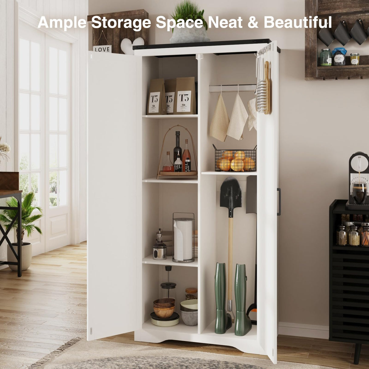 Befrases 72''H Farmhouse Storage Cabinet with Adjustable Shelves, Large Pantry Organize with 2 Barn Doors, Tall Freestanding Cabinet for Kitchen, Bathroom/Garage/Basement/Living/Utility Room, White Befrases