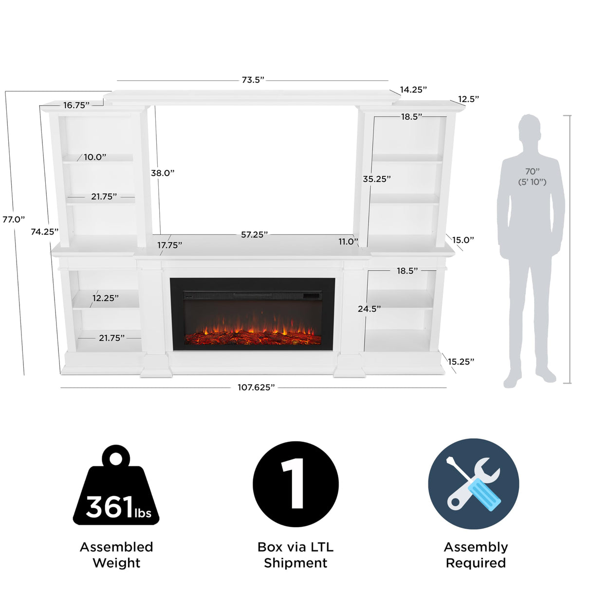 Real Flame Monte Vista 108" Landscape Electric Fireplace TV Stand for TVs up to 60 inches, Entertainment Center with Adjustable Shelves and Storage, TV Stand for Living Room and Bedroom, White Real Flame