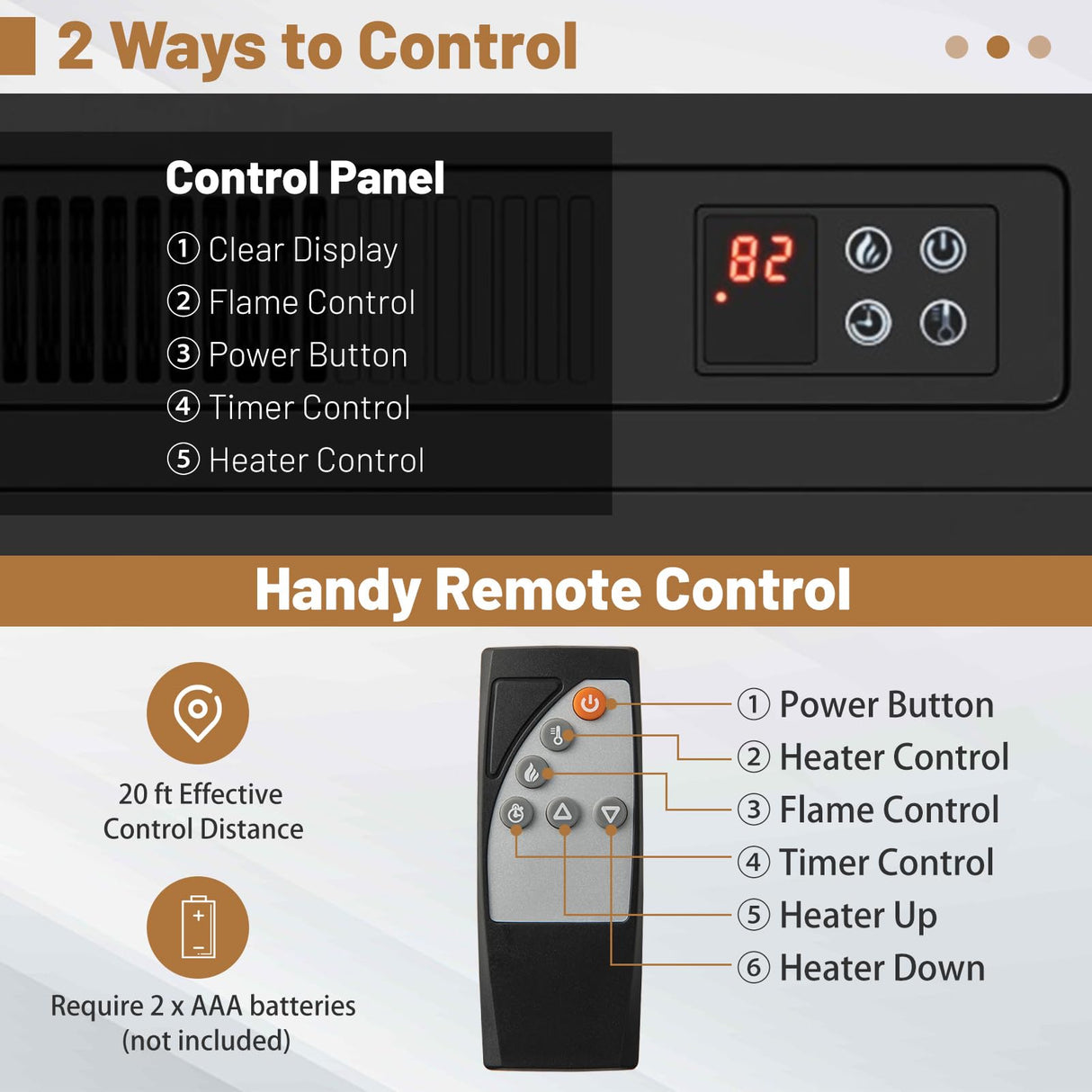 COSTWAY Electric Fireplace TV Stand for TVs Up to 65 Inches, 1400W Heater Insert with Remote Control, 6H Timer, 3-Level Flame, Overheat Protection and CSA Certification, Adjustable Shelves, Brown COSTWAY
